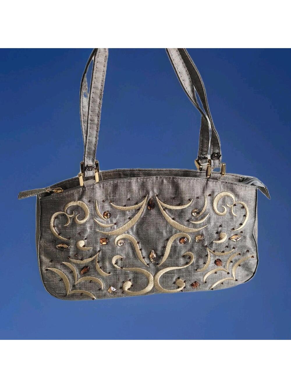 J. Renee Silver Embroidered Purse Beaded Rhinestones Pocketbook Zipper Pocket